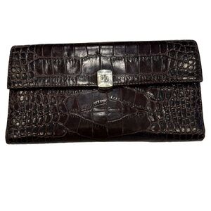 Ralph Lauren RLL Embossed Croc Women's Bi-Fold Long Wallet Dark Brown